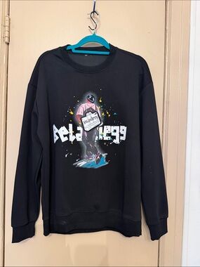 Black Graphic Crewneck Sweatshirt with Colorful Illustration